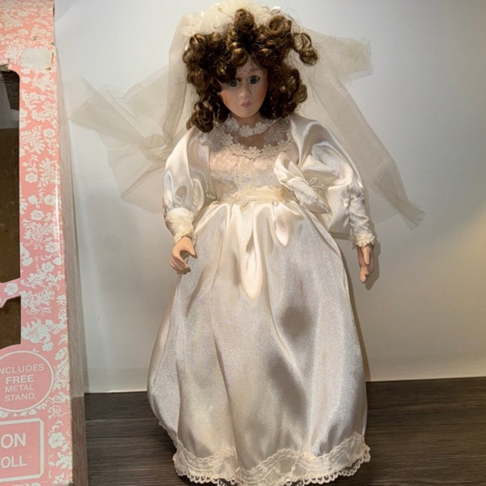 Vintage Elegant White Porcelain Doll with Lace Dress